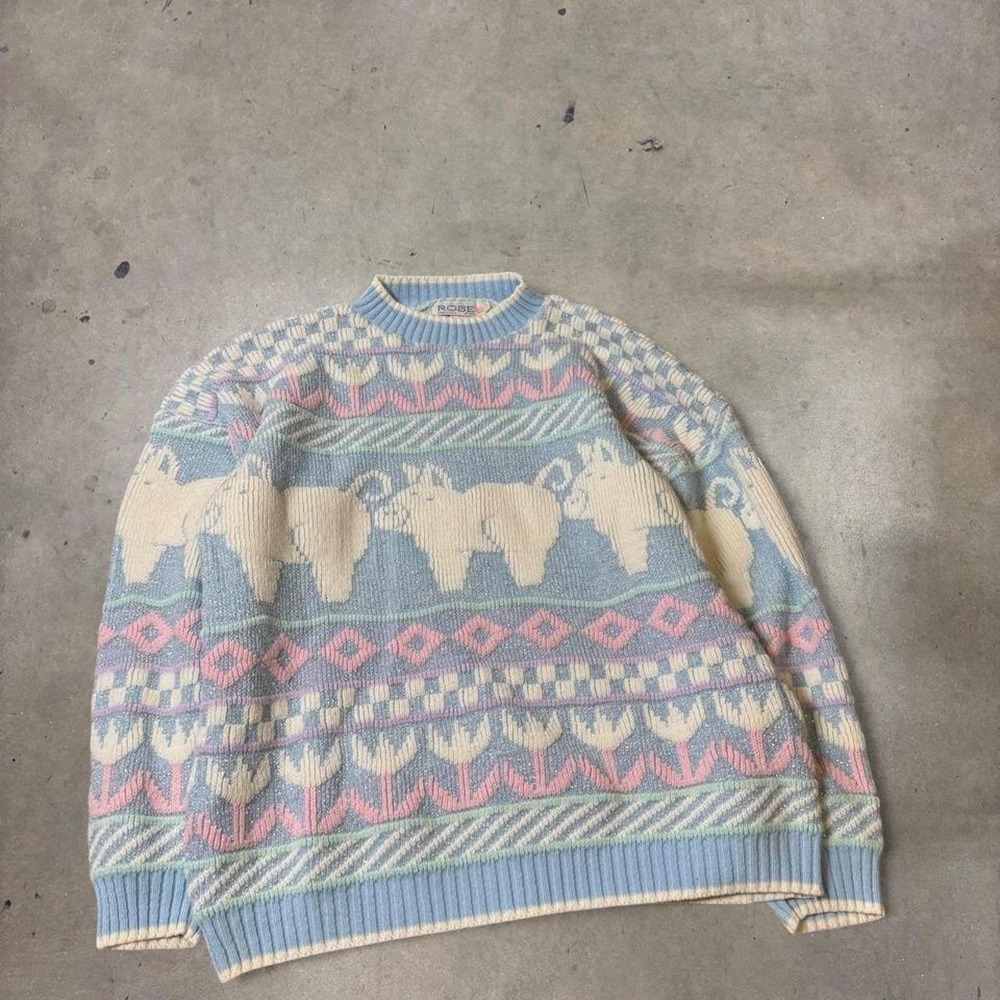 Vintage Rose Pig Floral Knit Sweater Blue Pink Lurex Metallic Pastel USA Large